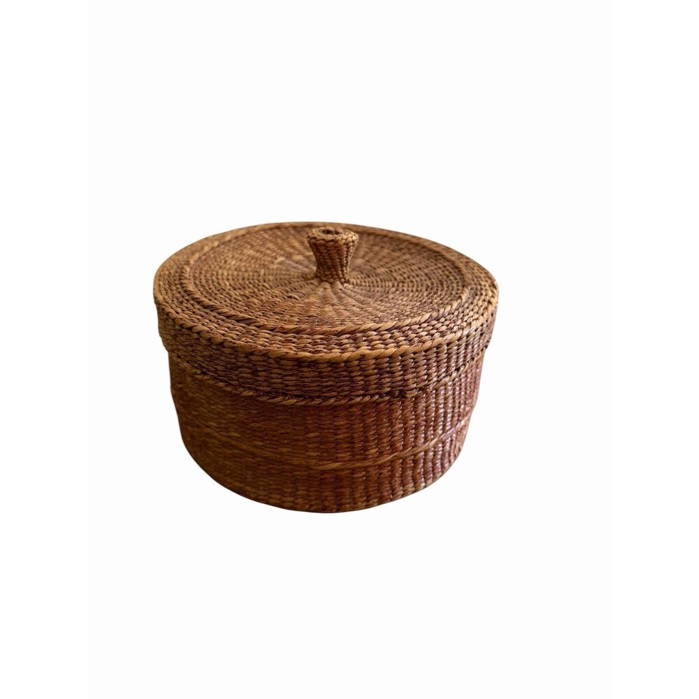 Vintage Woven Lidded Basket 3.5x6 Round Boho Chic